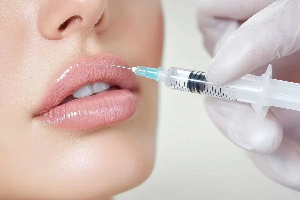 Close-up of lip injection procedure for lip augmentation in New York, NY
