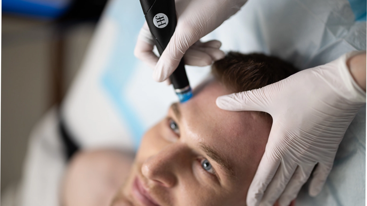 HydraFacial treatment being performed on a man's face by a licensed aesthetician